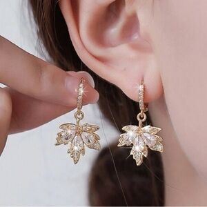18k Gold Plated Jeweled Maple Leaf Huggie Earrings